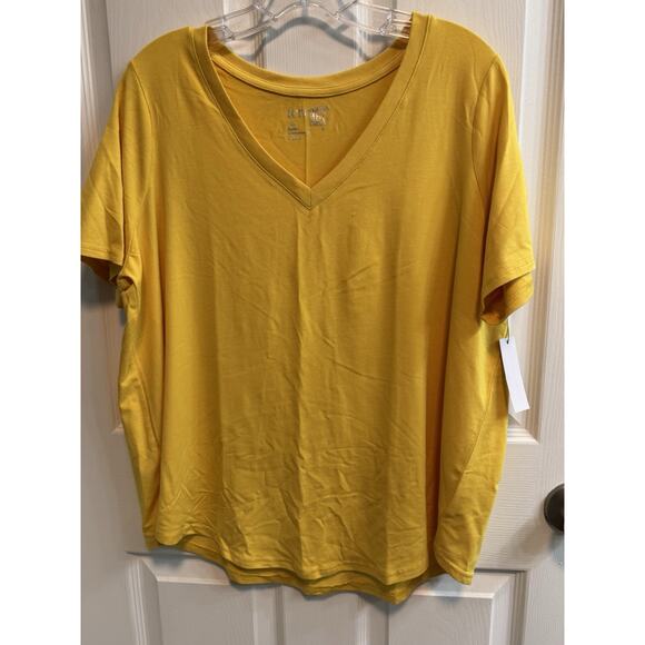 Terra Sky 0X Yellow Top V-neck Curved Hem Short Sleeve Stretch Cotton Blend - Picture 1 of 12